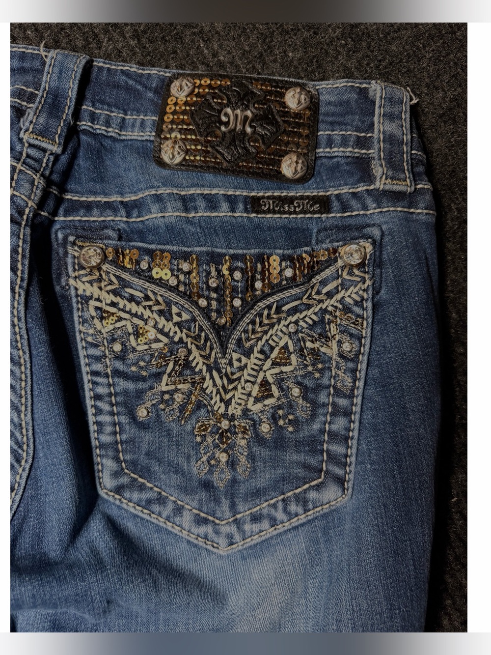 Miss Me Jeans 30 Signature Boot Rhinestone Sequin Wings